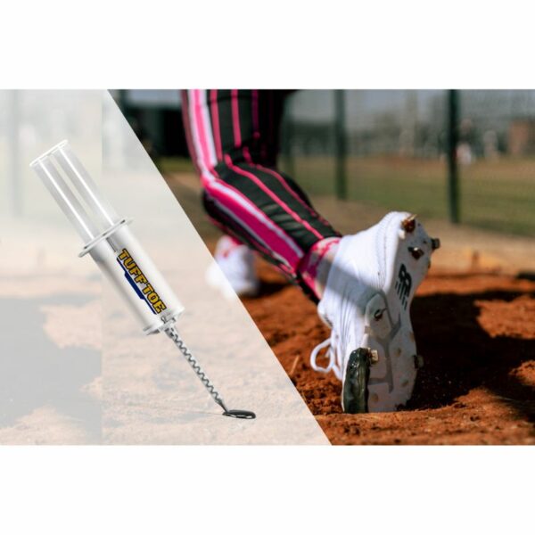 Baseball player's foot on pitcher's mound paired with a TUFF TOE adhesive applicator.