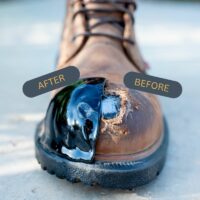 Close-up of a brown work boot's toe area showcasing a side-by-side comparison: The 'BEFORE' section reveals worn-out and damaged leather, while the 'AFTER' section displays the boot with a glossy, reinforced protection from TUFF TOE application.