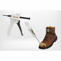 A TUFF TOE adhesive dispenser gun alongside a tube of TUFF TOE adhesive being applied to the front of a brown work boot, showcasing the beige adhesive on a white background.