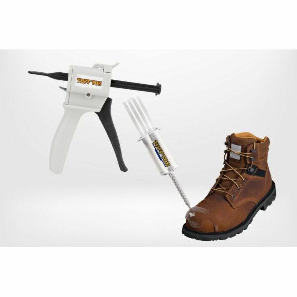 A TUFF TOE adhesive dispenser gun paired with a tube of TUFF TOE adhesive, which is being directed towards the toe area of a brown work boot, all set against a white background."