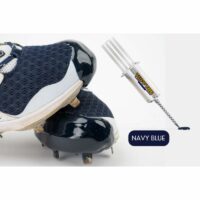 Close-up of a navy blue and white sports cleat shoe with a TUFF TOE adhesive applicator positioned adjacent, labeled 'NAVY BLUE'