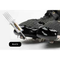 Close-up of a black sports cleat shoe with a TUFF TOE adhesive applicator nearby, labeled 'BLACK'