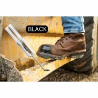 Close-up of a rugged leather boot with black TUFF TOE protection stepping on a weathered yellow construction beam, complemented by a TUFF TOE adhesive tube showcasing the color 'BLACK'.