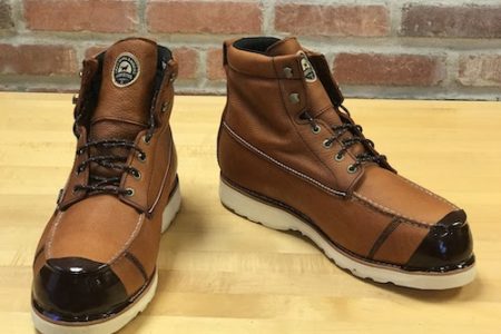 Brown Irish Setter moc toe work boots shown here with black Tuff Toe applied for protection.