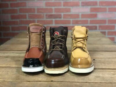 Tuff Toe shown applied to Carhart Red Wing, Thorogood, and Timberland leather steel toe boots. Tuff Toe triples the lifespan of work boots and helps with repairs.