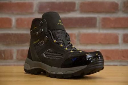 Black Vasque hiking boots with Tuff Toe applied for repair and protection shown here.