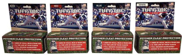 Tuff Toe Pro pitcher cleat guards white black red and blue