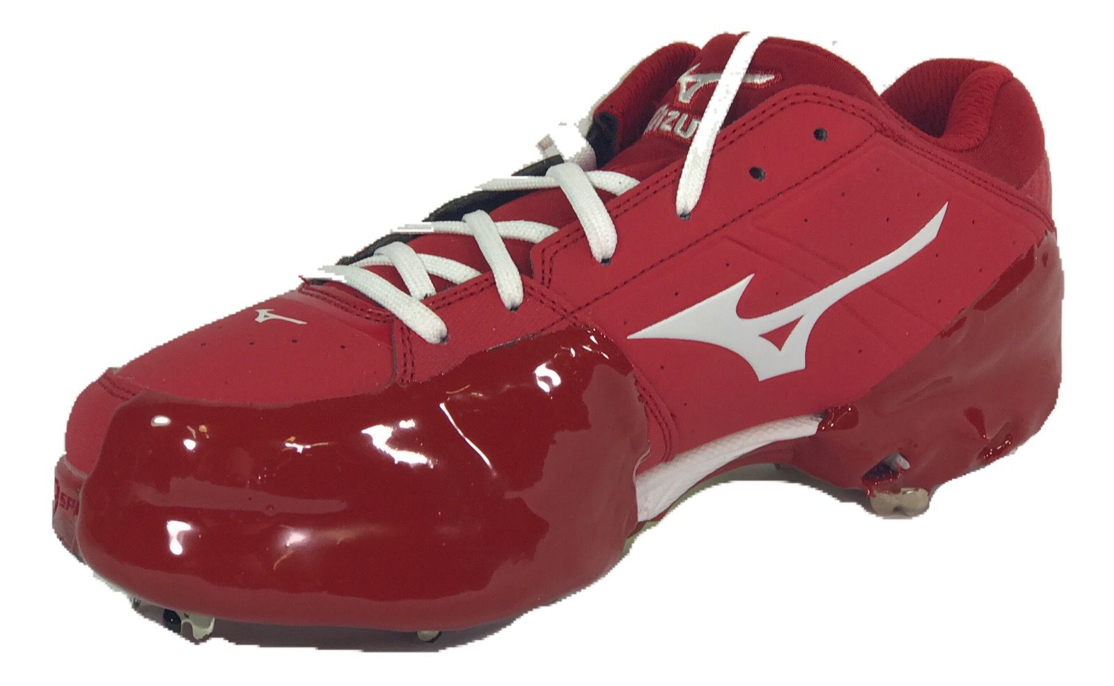Tuff Toe shown applied to toe and heel of red Mizuno cleats to protect and triple lifespan.