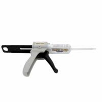 A close-up view of a TUFF TOE adhesive dispenser gun with a tube of TUFF TOE adhesive inserted, set against a white background.